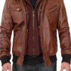 Men's Brown Tall Leather Bomber Jacket With Removable Hood product image