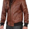 Men's Brown Tall Leather Bomber Jacket With Removable Hood product image