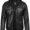 Men's Black Biker Style Leather Jacket with Removable Hood product image