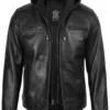 Men's Black Biker Style Leather Jacket with Removable Hood product image