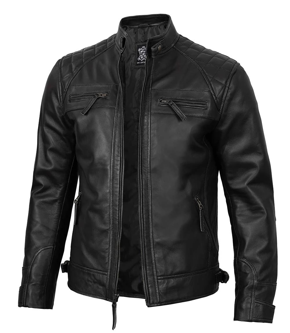 Tall Diamond Mens Black Cafe Racer Leather Jacket product image