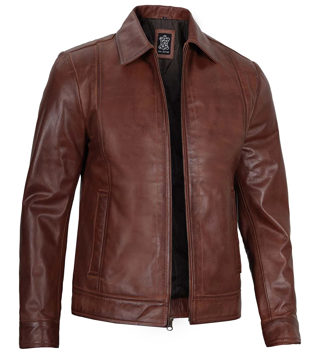 Tall Men Harrington Brown Leather Jacket Tall Men Harrington Brown Leather Jacket product image