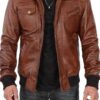Men's Brown Tall Leather Bomber Jacket With Removable Hood product image