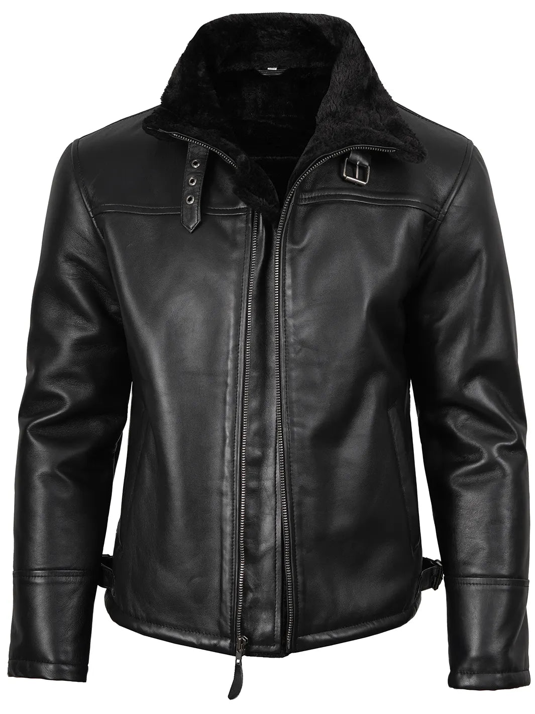Mitchel Men's Black Shearling Leather Bomber Jacket Mitchel Men's Black Shearling Leather Bomber Jacket product image