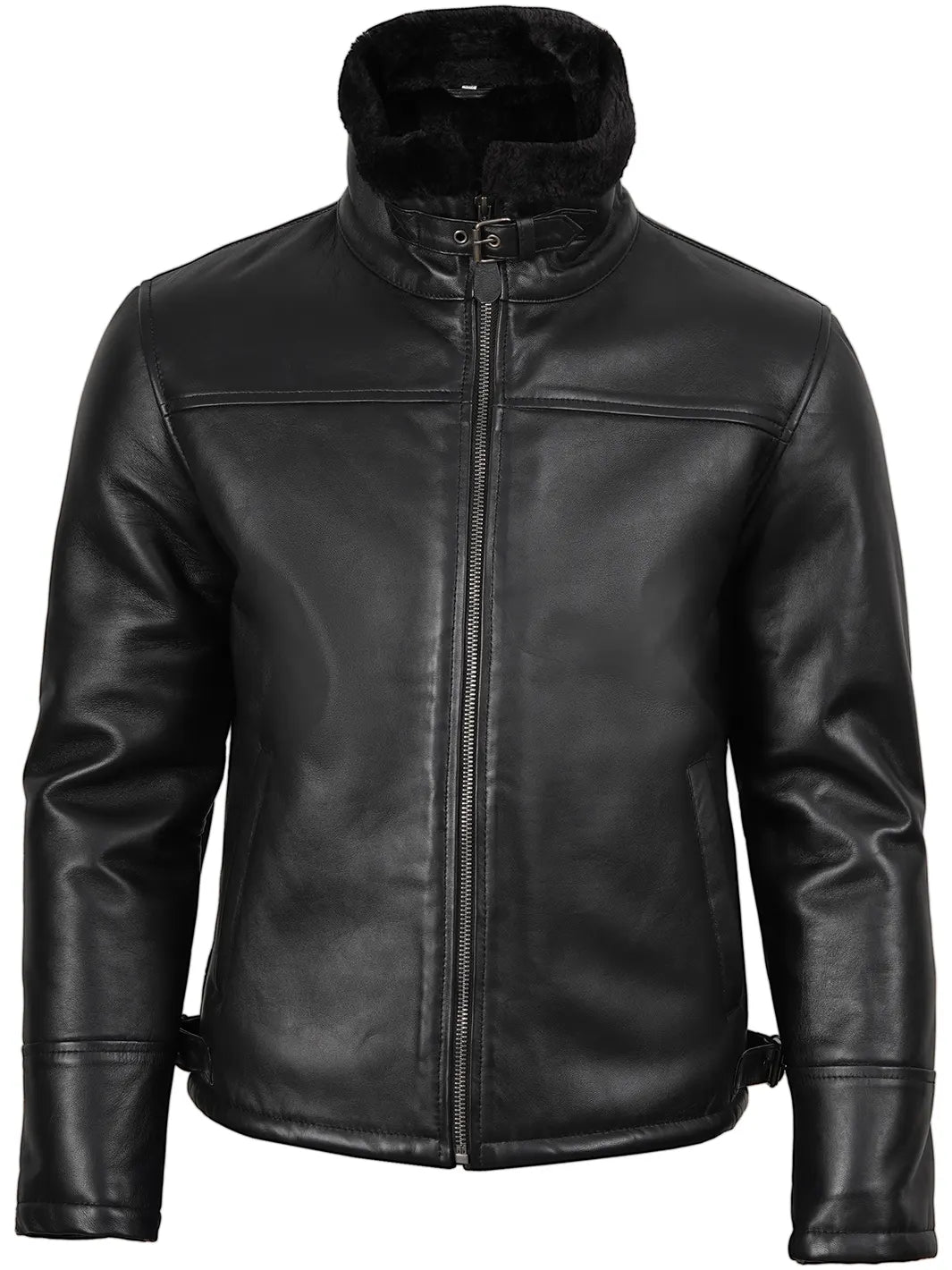 Mitchel Men's Black Shearling Leather Bomber Jacket Mitchel Men's Black Shearling Leather Bomber Jacket product image