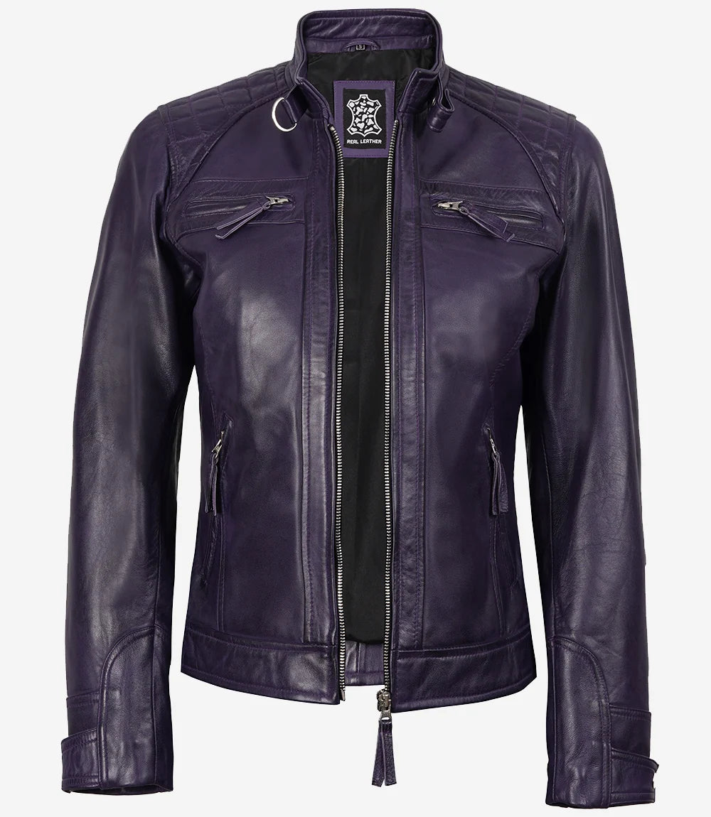 Johnson Women's Purple Quilted Cafe Racer Leather Jacket Johnson Women's Purple Quilted Cafe Racer Leather Jacket product image