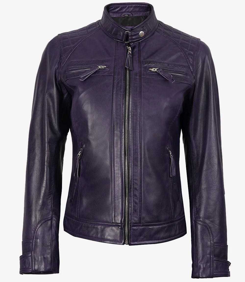 Johnson Women's Purple Quilted Cafe Racer Leather Jacket Johnson Women's Purple Quilted Cafe Racer Leather Jacket product image