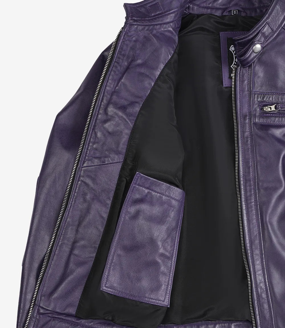 Johnson Women's Purple Quilted Cafe Racer Leather Jacket Johnson Women's Purple Quilted Cafe Racer Leather Jacket product image