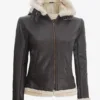 Womens Dark Brown Hooded Shearling Leather Jacket Womens Dark Brown Hooded Shearling Leather Jacket product image