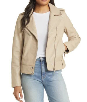 Stylish Women’s Beige Moto Leather Jacket product image