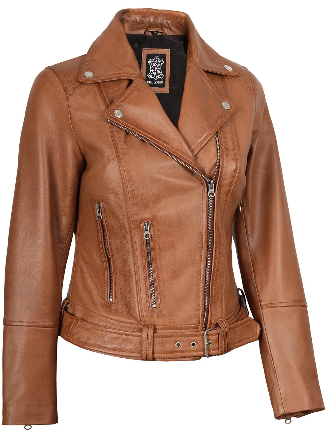 Elisa Womens Tan Biker Style Leather Jacket Elisa Womens Tan Biker Style Leather Jacket product image