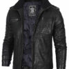 Mens Black Waxed Cafe Racer Leather Jacket product image