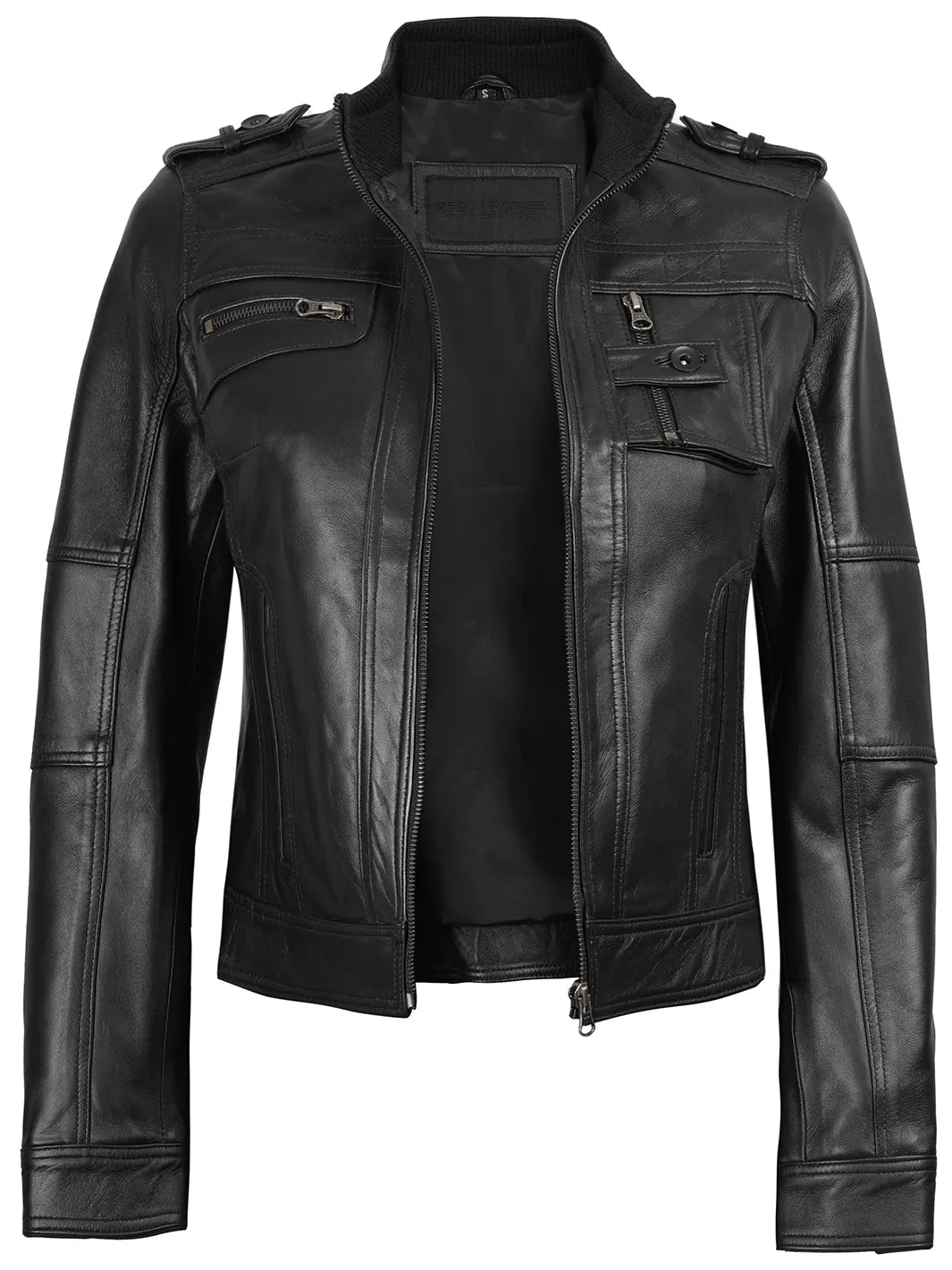 Tavares Womens Black Cafe Racer Leather Jacket Tavares Womens Black Cafe Racer Leather Jacket product image