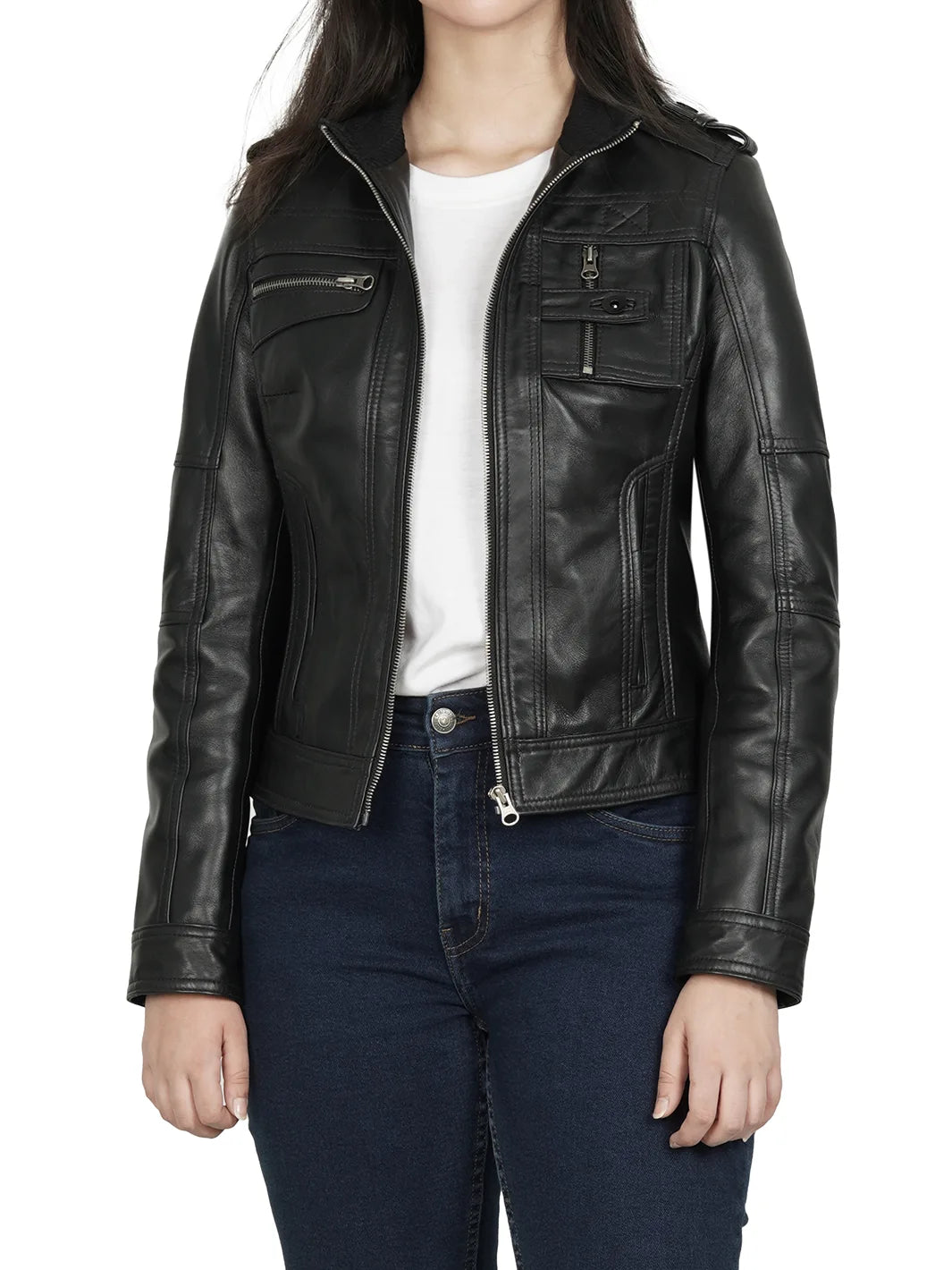 Tavares Womens Black Cafe Racer Leather Jacket Tavares Womens Black Cafe Racer Leather Jacket product image