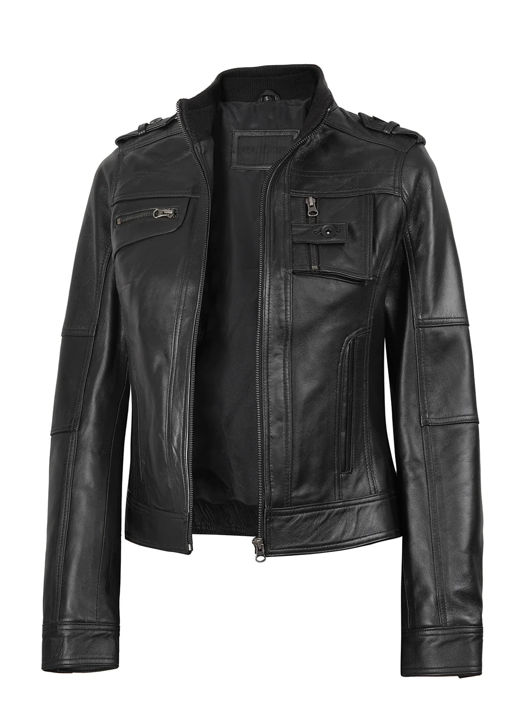 Tavares Womens Black Cafe Racer Leather Jacket Tavares Womens Black Cafe Racer Leather Jacket product image