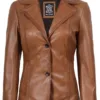 Women's Two Button Tan Brown Leather Blazer Jacket product image