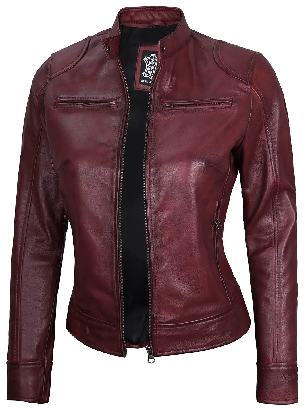 Dodge Womens Burgundy Leather Jacket Cafe Racer Dodge Womens Burgundy Leather Jacket Cafe Racer product image