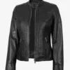 Women's Black Textured Cafe Racer Leather Jacket product image