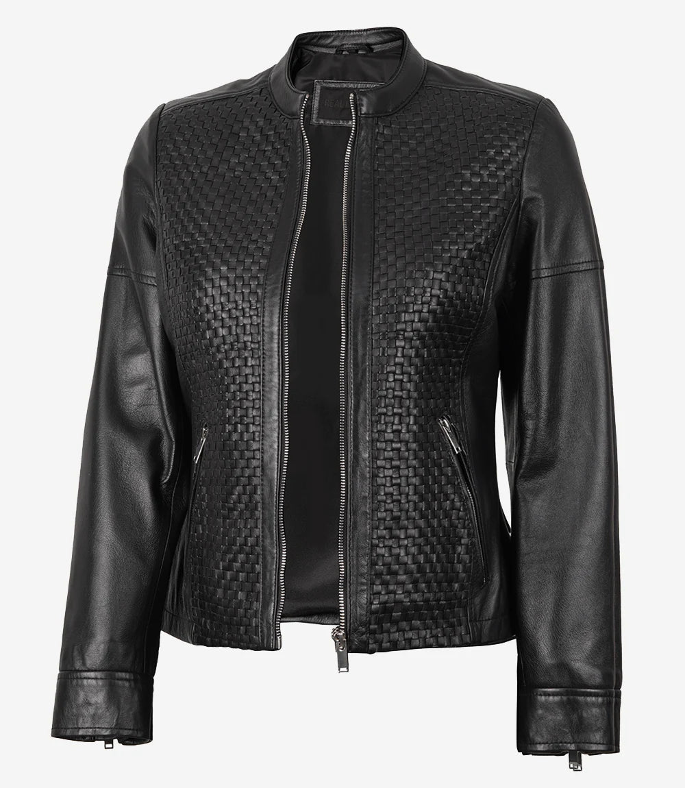 Women's Black Textured Cafe Racer Leather Jacket Women's Black Textured Cafe Racer Leather Jacket product image