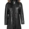 Women’s Black Real Lambskin Leather Hooded Shearling Coat product image