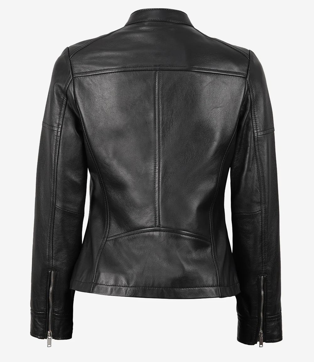 Women's Black Textured Cafe Racer Leather Jacket Women's Black Textured Cafe Racer Leather Jacket product image
