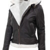 Womens Shearling Dark Brown Bomber Leather Jacket with Removable Hood product image