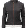 Womens Shearling Dark Brown Bomber Leather Jacket with Removable Hood product image