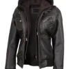 Women's Dark Brown Rub Off Leather Jacket with Removable Hood product image