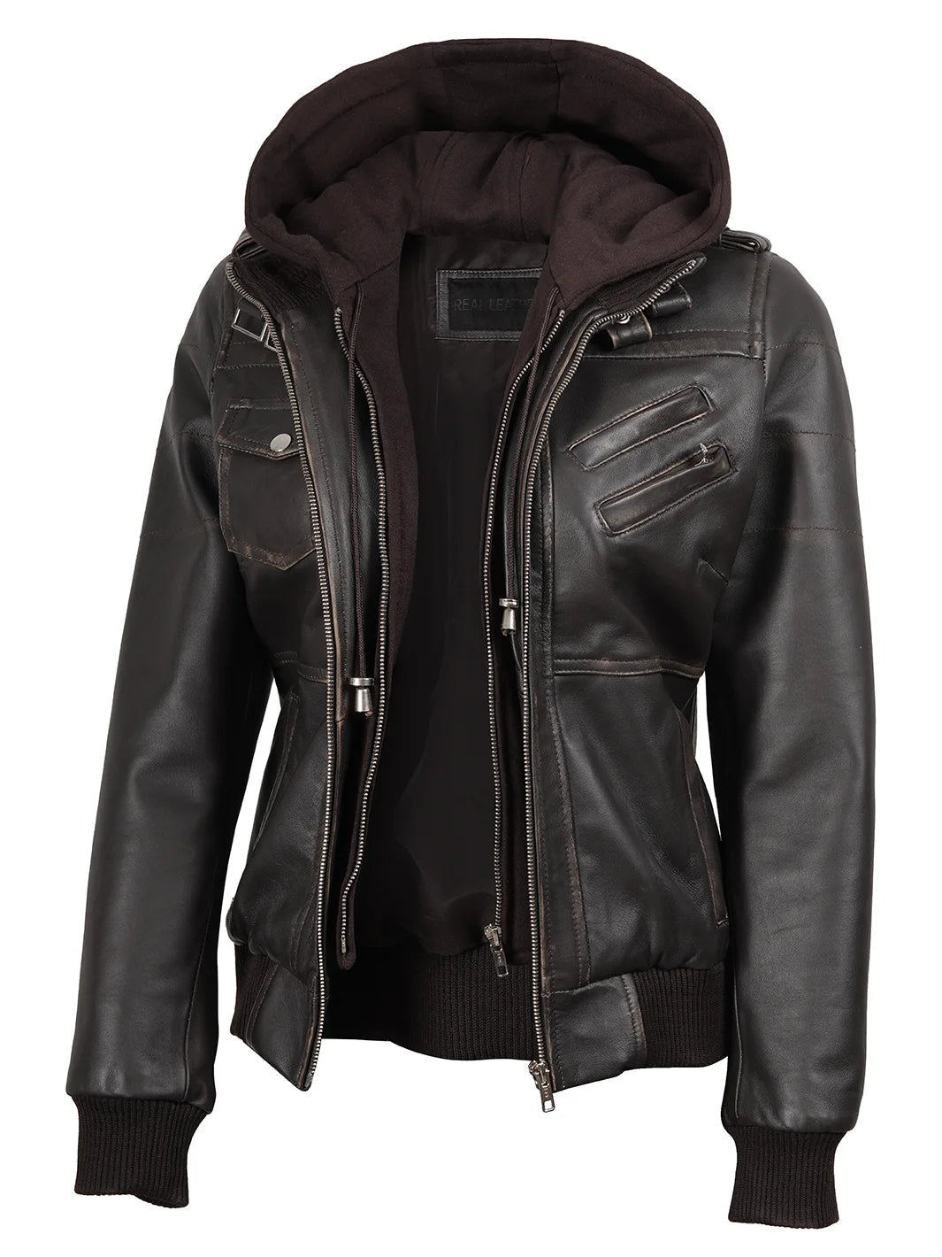 Women's Dark Brown Rub Off Leather Jacket with Removable Hood product image