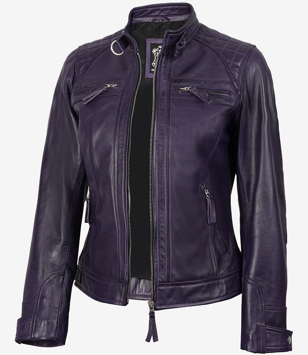 Johnson Women's Purple Quilted Cafe Racer Leather Jacket Johnson Women's Purple Quilted Cafe Racer Leather Jacket product image
