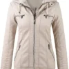 Women’s Beige Real Leather Biker Jacket With Detachable Hood product image