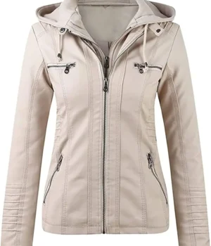 Women’s Beige Real Leather Biker Jacket With Detachable Hood product image