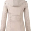 Women’s Beige Real Leather Biker Jacket With Detachable Hood product image