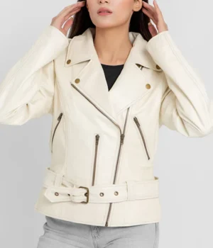 Women’s Riveted Beige Leather Biker Jacket product image