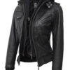 Tall Women's Bomber Black Leather Jacket with Removable Hood product image