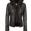 Tralee Women Dark Brown Bomber Leather Jacket With Removable Hood Tralee Women Dark Brown Bomber Leather Jacket With Removable Hood product image