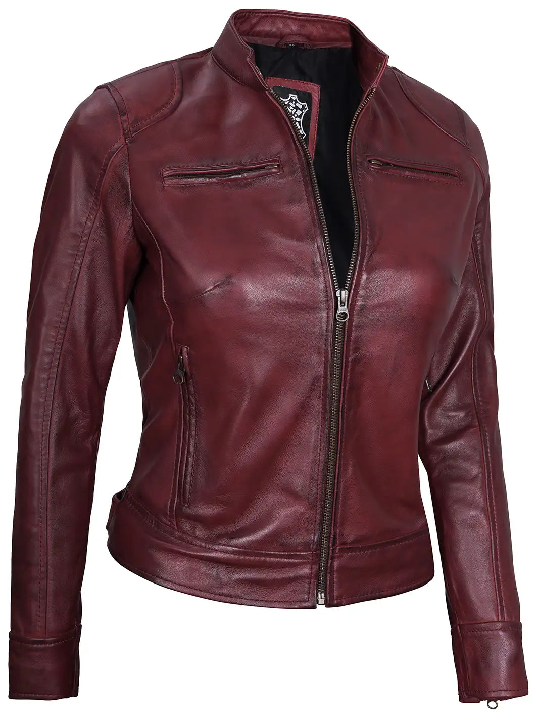 Dodge Womens Burgundy Leather Jacket Cafe Racer Dodge Womens Burgundy Leather Jacket Cafe Racer product image