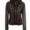 Tralee Women Dark Brown Bomber Leather Jacket With Removable Hood Tralee Women Dark Brown Bomber Leather Jacket With Removable Hood product image