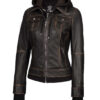 Tralee Women Dark Brown Bomber Leather Jacket With Removable Hood Tralee Women Dark Brown Bomber Leather Jacket With Removable Hood product image