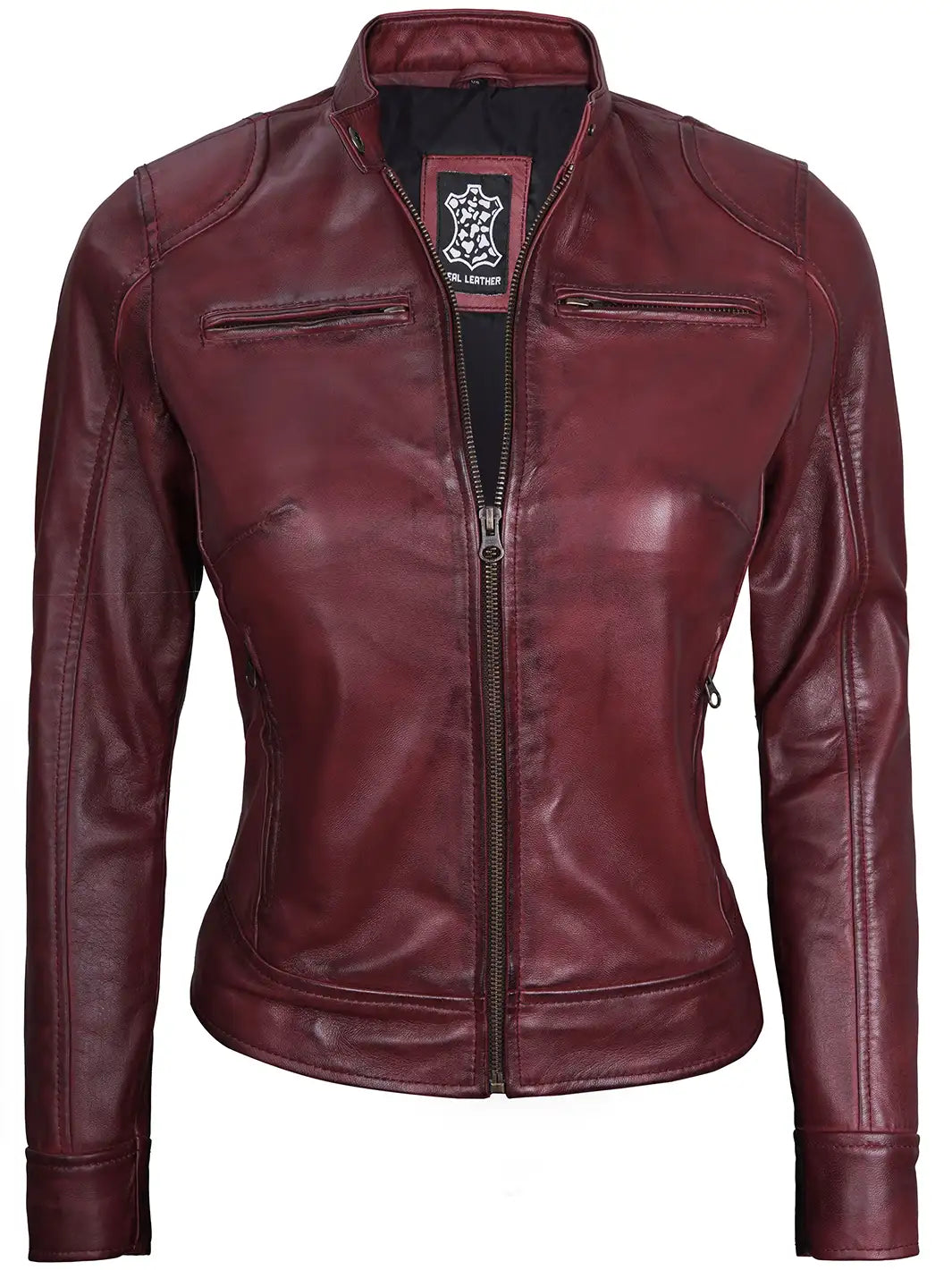 Dodge Womens Burgundy Leather Jacket Cafe Racer Dodge Womens Burgundy Leather Jacket Cafe Racer product image