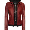 Tralee Women's Maroon Bomber Leather Jacket with Hood product image