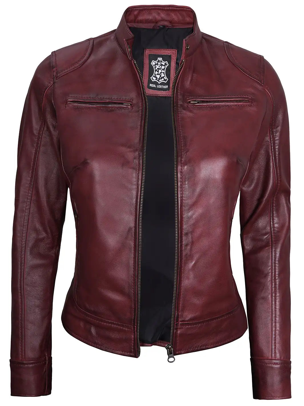 Dodge Womens Burgundy Leather Jacket Cafe Racer Dodge Womens Burgundy Leather Jacket Cafe Racer product image