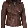 Bagheria Womens Cognac Biker Leather Jacket With Removable Hood product image