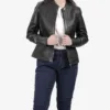 Women's Black Textured Cafe Racer Leather Jacket Women's Black Textured Cafe Racer Leather Jacket product image