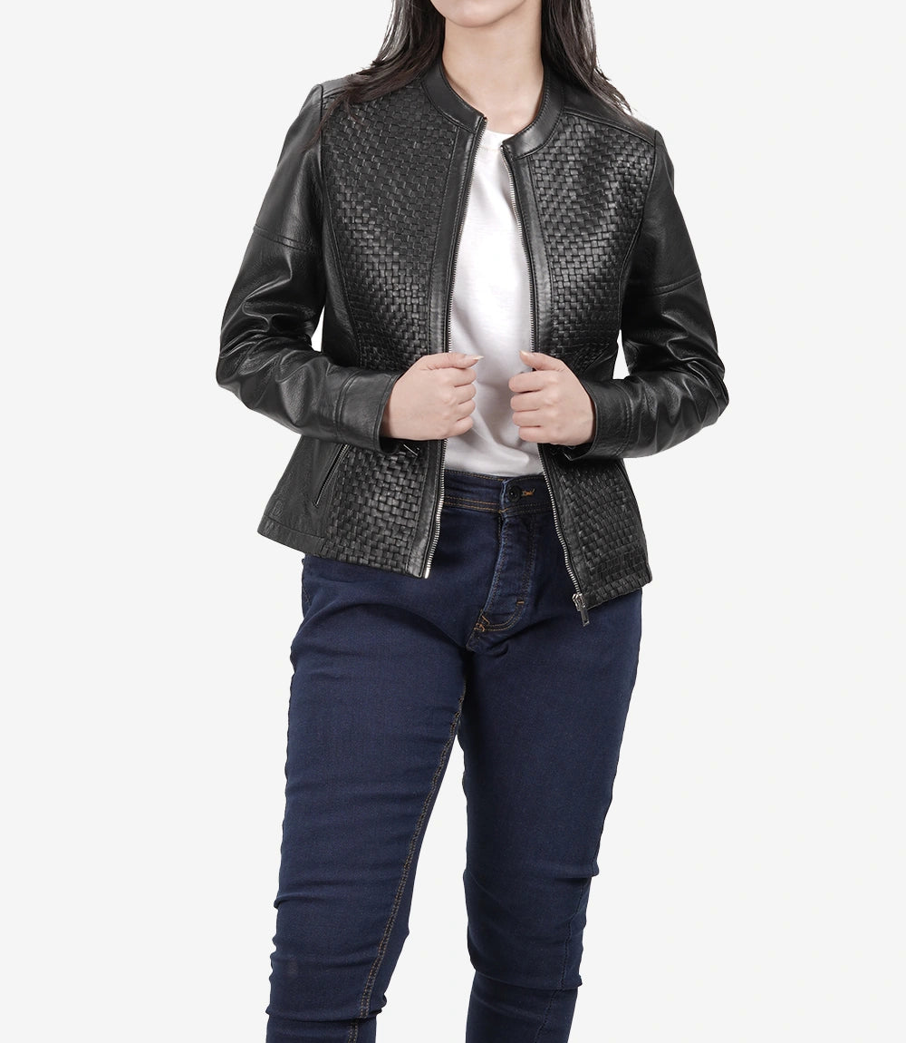 Women's Black Textured Cafe Racer Leather Jacket Women's Black Textured Cafe Racer Leather Jacket product image