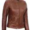 Amy Women Cognac Brown Cafe Racer Leather Jacket product image