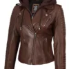 Bagheria Womens Cognac Biker Leather Jacket With Removable Hood product image