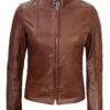 Amy Women Cognac Brown Cafe Racer Leather Jacket product image
