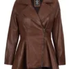 Clarissa Womens Cognac Brown Peplum Leather Jacket product image