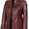 Women's Real Leather Burgundy Blazer with Three Button product image